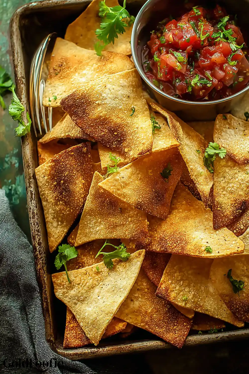 Healthy Baked Tortilla Chips No Oil 5 Baked tortilla chips with salsa and fresh cilantro