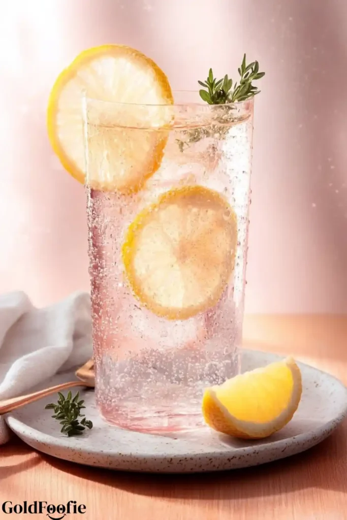 The Detox Weight Loss Drink That Actually Works 8 Tall glass of The Detox Weight Loss Drink with sparkling water, lemon, and thyme.