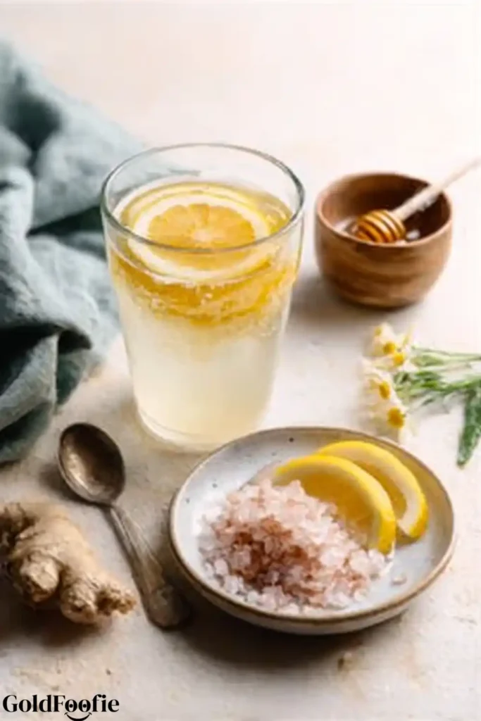 The Detox Weight Loss Drink That Actually Works 7 The Detox Weight Loss Drink with lemon slices, pink salt, ginger, and honey.