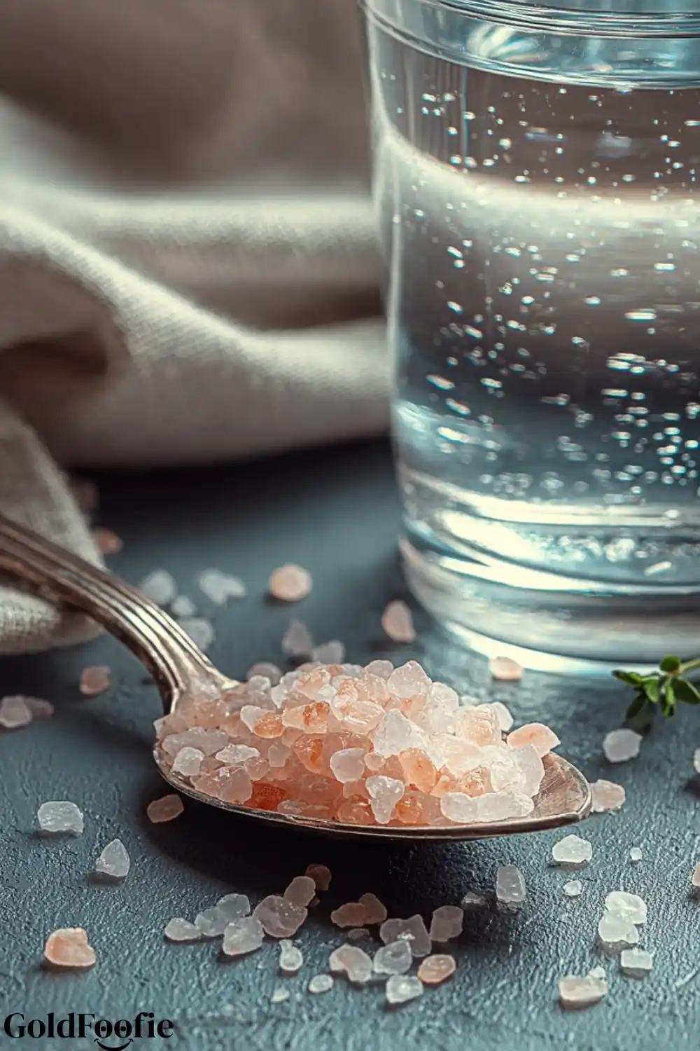 Lean Protein Finishing Salt 5 Himalayan pink salt crystals on a spoon beside a glass of water