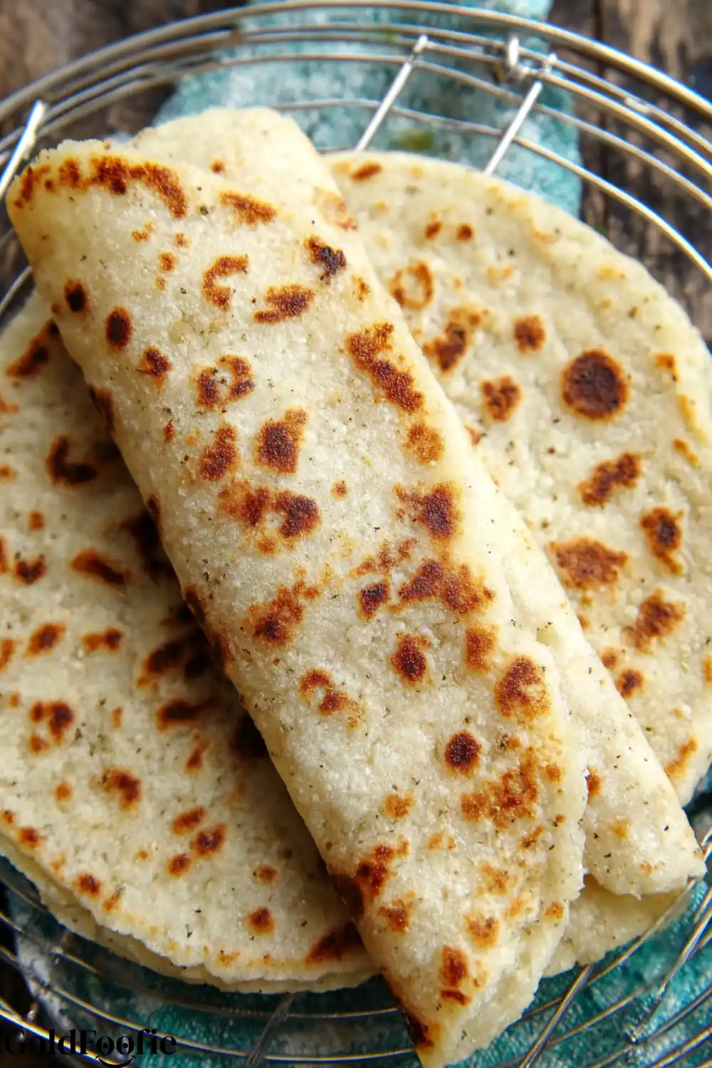 Almond Flour Tortilla Recipe 5 Stack of almond flour tortillas with top one rolled