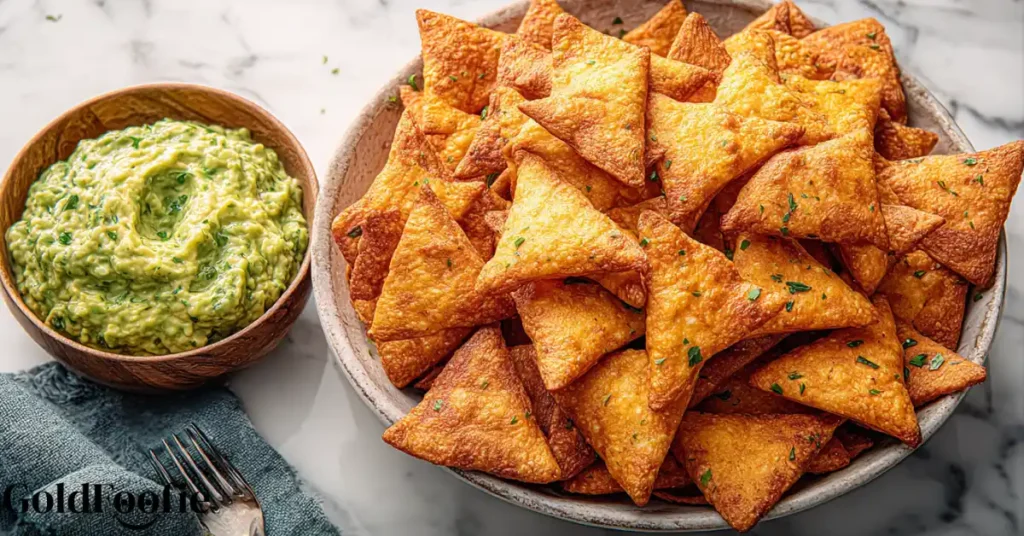 crispy golden keto tortilla chips with fresh guacamole
