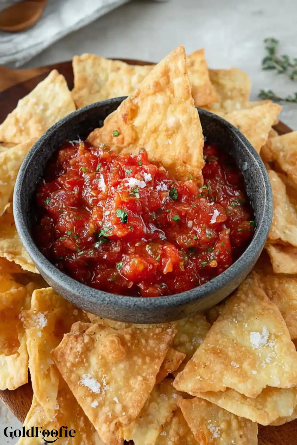 Air Fryer Low Carb Tortilla Chips Recipe 5 salsa with air fryer tortilla chips arranged around it.