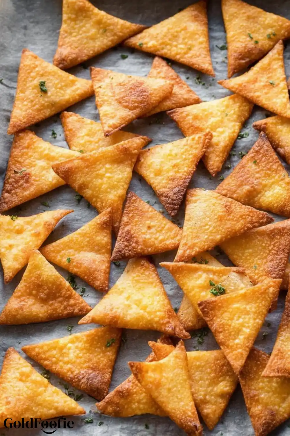 Best Homemade Low-Carb Tortilla Chips Recipe 5 Golden fried keto tortilla chips sprinkled with herbs on parchment