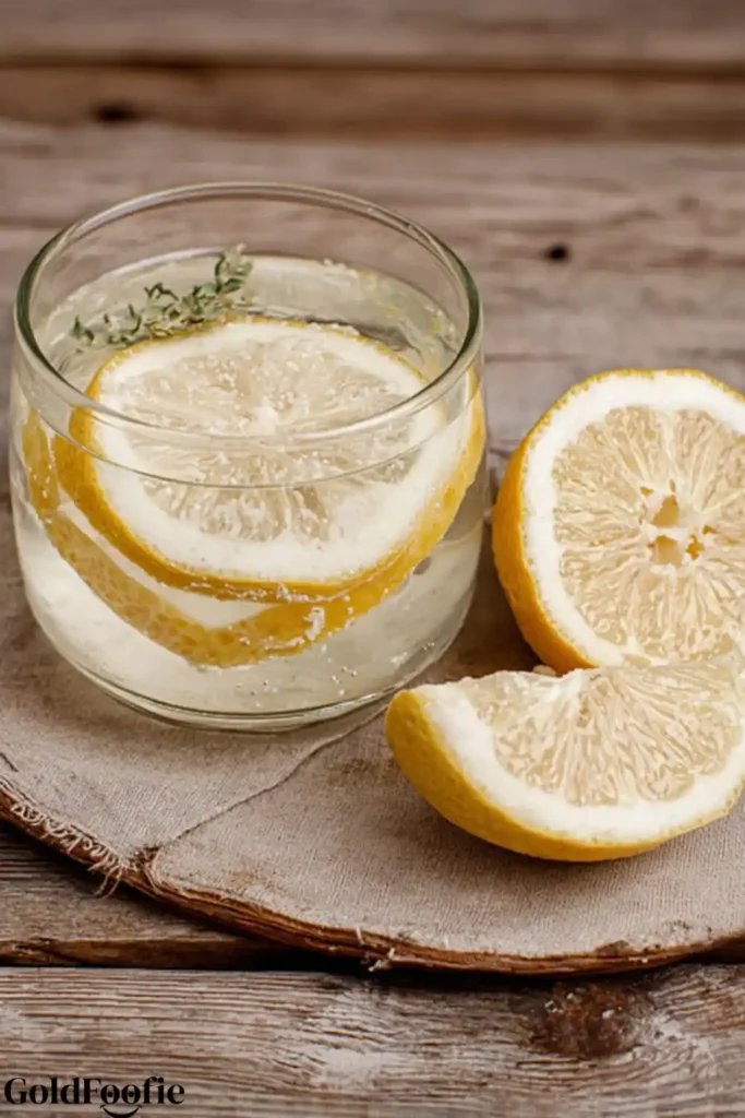 The Detox Weight Loss Drink That Actually Works 9 The Detox Weight Loss Drink in a rustic glass with thick lemon slices and thyme.