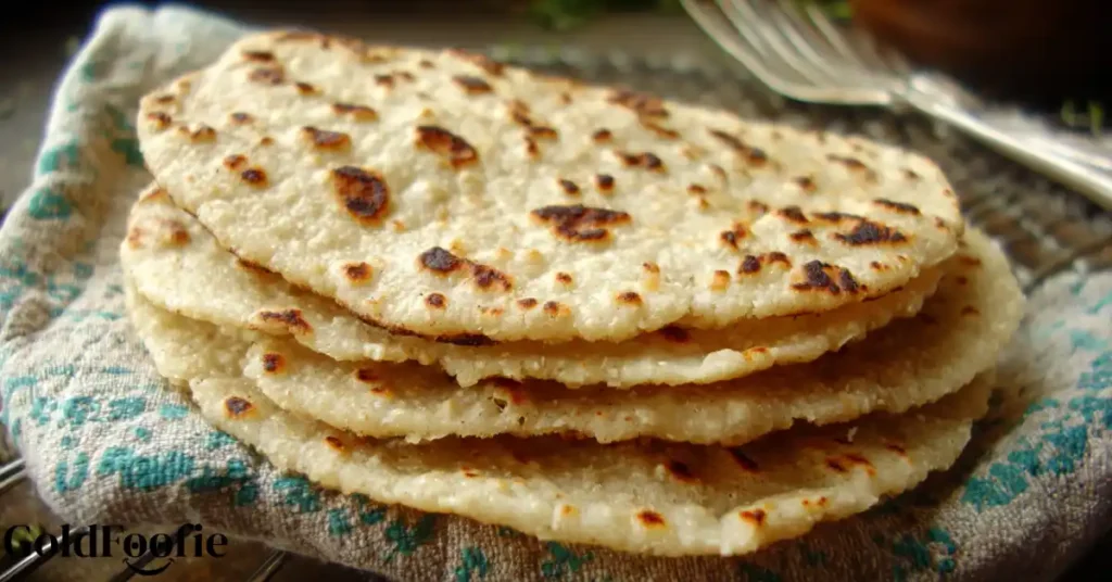 Stack of freshly cooked almond flour tortillas on a cloth