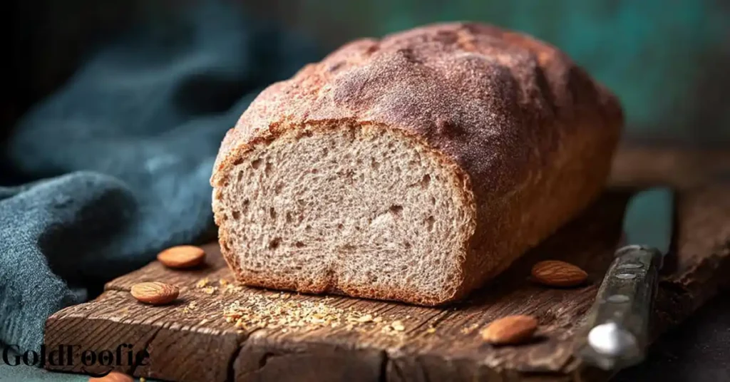 Half a loaf of keto bread on a wooden cutting board, surrounded by fresh herbs and whole almonds.
