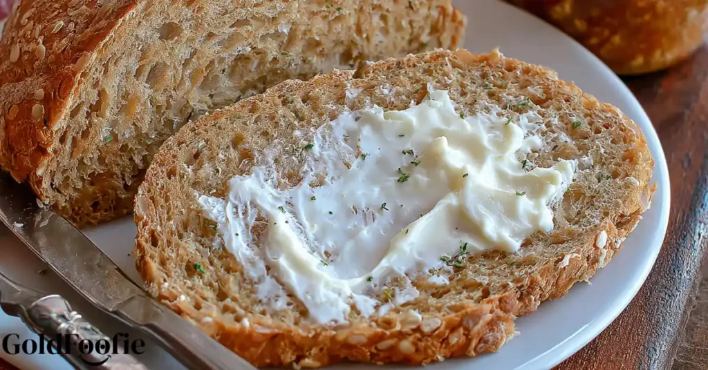 A slice of low-carb bread machine with butter and herbs.