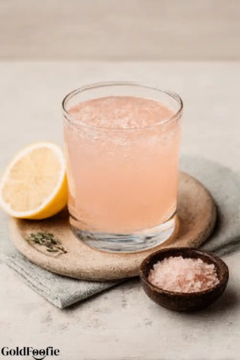 The Detox Weight Loss Drink That Actually Works 6 The Detox Weight Loss Drink in a short glass with lemon and a bowl of pink salt.