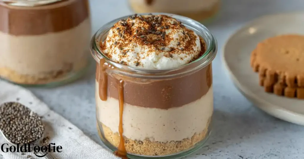 Tiramisu chia pudding with whipped cream and cocoa dust
