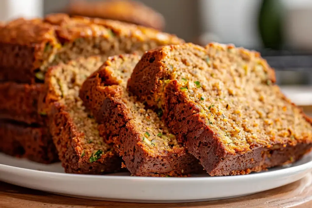Moist zucchini bread sliced and served