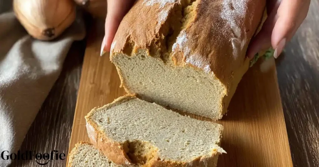 Sliced loaf of soft almond flour bread on a cooling rack.