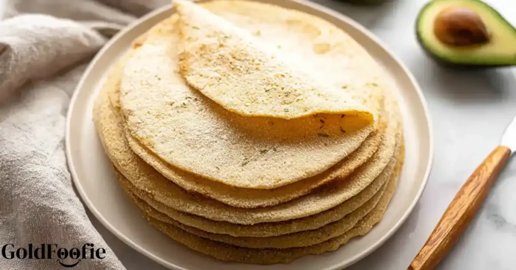Stack of golden homemade low carb tortillas oat on a white plate
