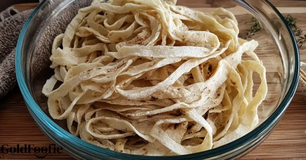 Sliced low carb tortilla noodles in a glass bowl