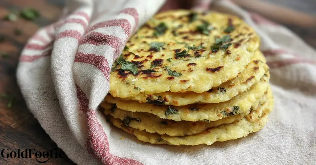 Stack of golden cauliflower tortillas with herbs wrapped in a striped towel