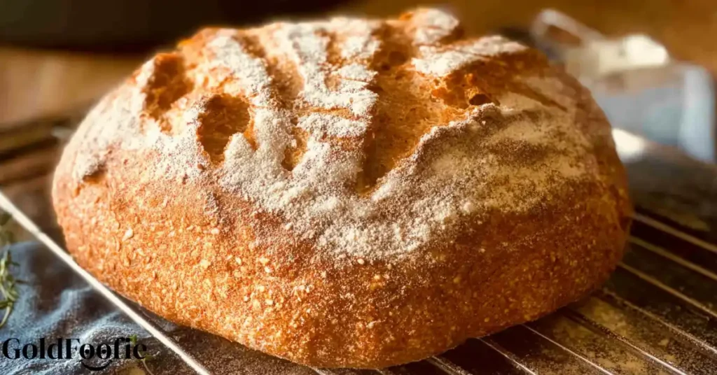 A rustic, round loaf of psyllium husk bread with a flour dusting on a rack
