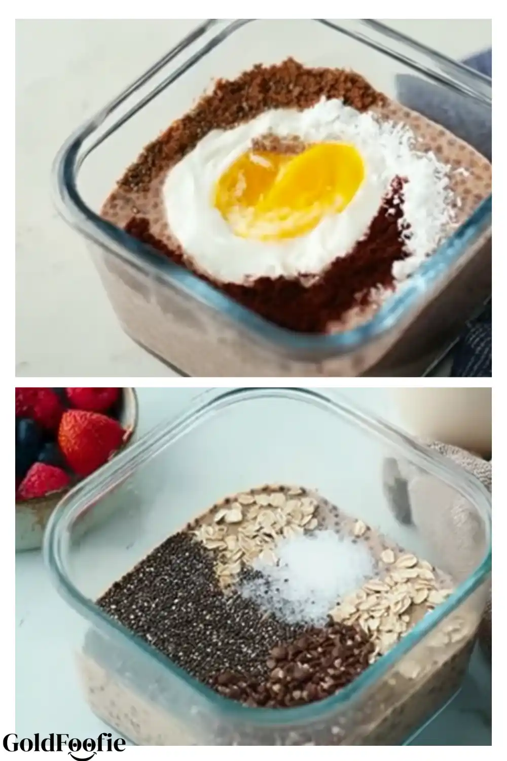Tropical Smoothie Chia Base with Oats and Yogurt Chia pudding mixture with oats, coconut, cocoa, and yogurt preparation for a Tropical Smoothie Chia breakfast bowl