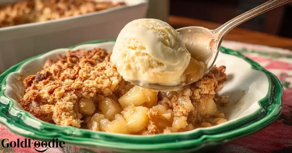 Close-up of pioneer woman apple crisp topped with vanilla ice cream in a green bowl