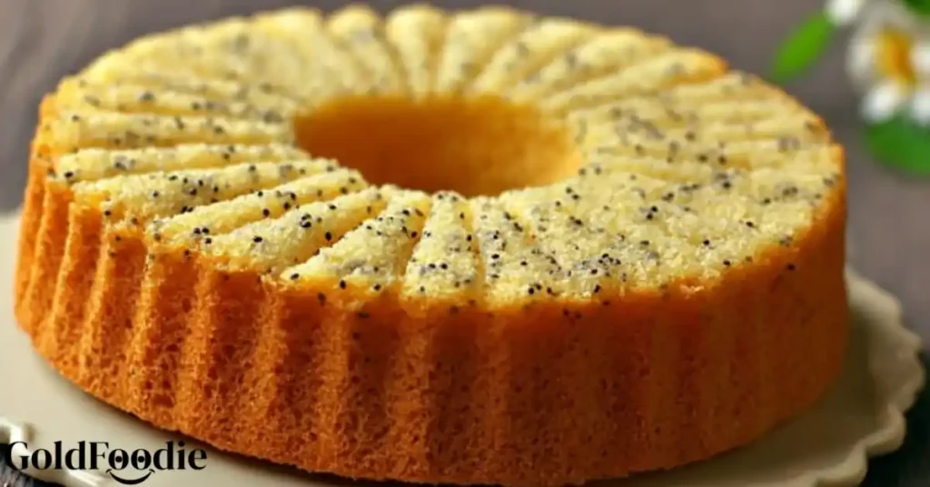 Whole orange chia cake topped with chia seeds and citrus glaze.