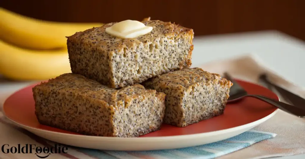 Thick slices of banana chia seed cake topped with butter