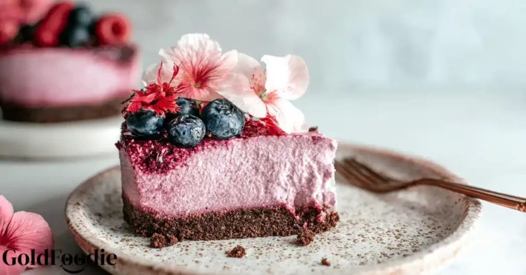 Slice of berry chia seed cake gluten free with chocolate crust and flower garnish.
