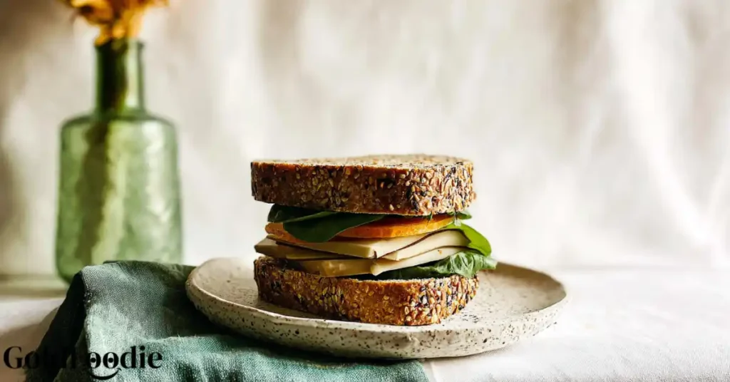 Buckwheat Bread sandwich with spinach and vegan deli slices.