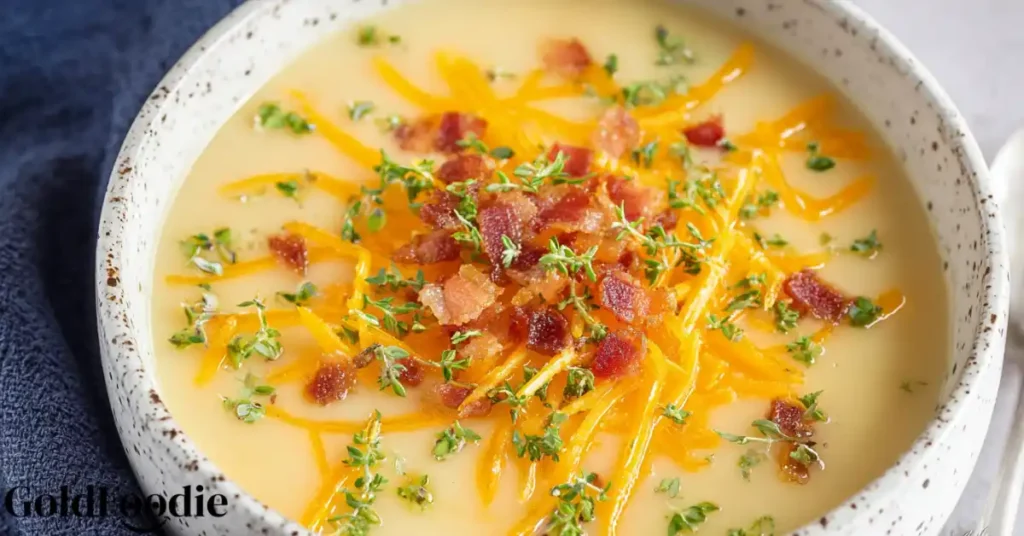 Bowl of cheddar garlic herb potato soup with bacon