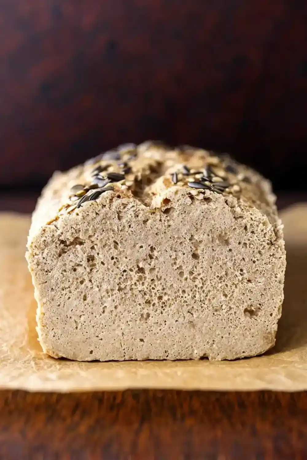 Firm and Moist Sunflower Bread Front view of baked sunflower seed flour bread