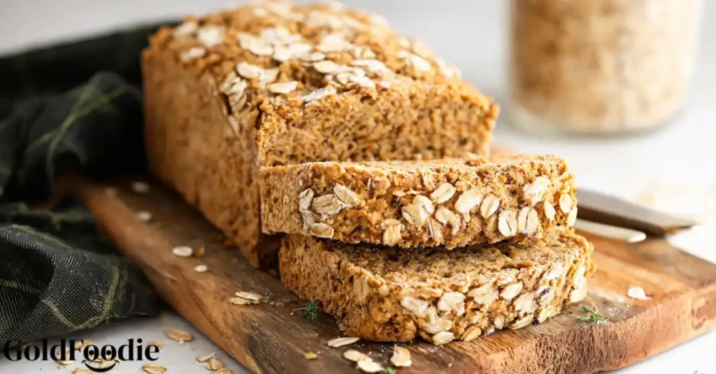 Sliced oat bread loaf on a rustic wooden board.