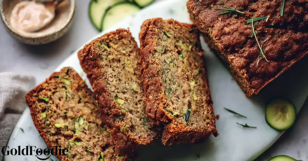 Three slices of gluten-free vegan zucchini bread on a marble board.