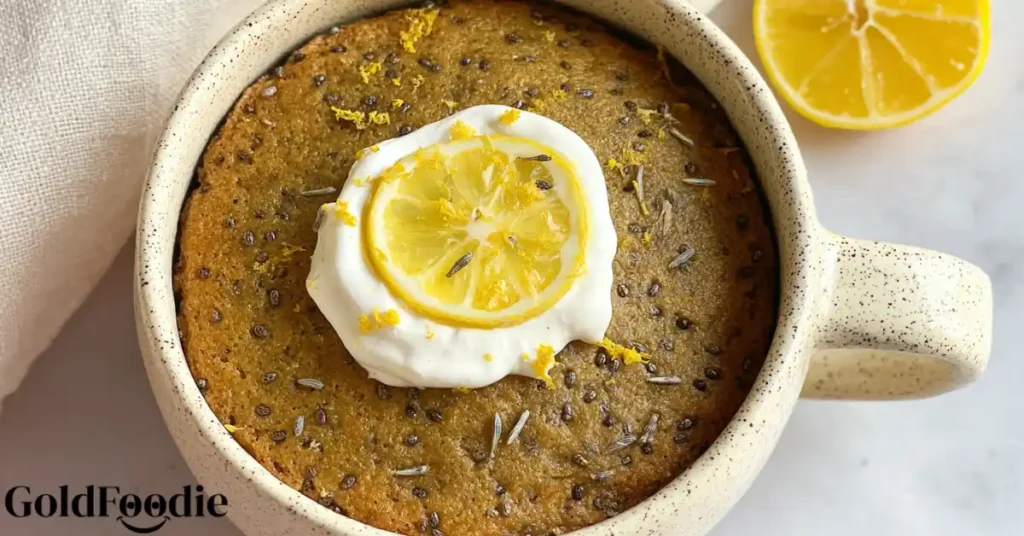 Chia seed mug cake with whipped topping and lemon slice