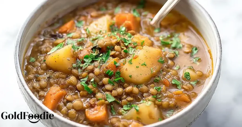 Close-up of hearty lentil and potato soup
