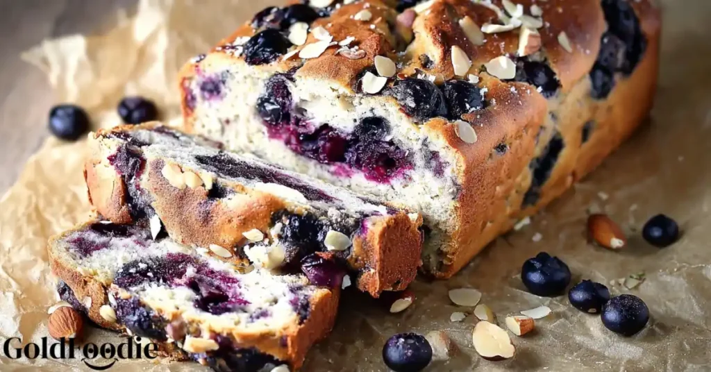 Sliced diabetic-friendly blueberry banana bread with almonds