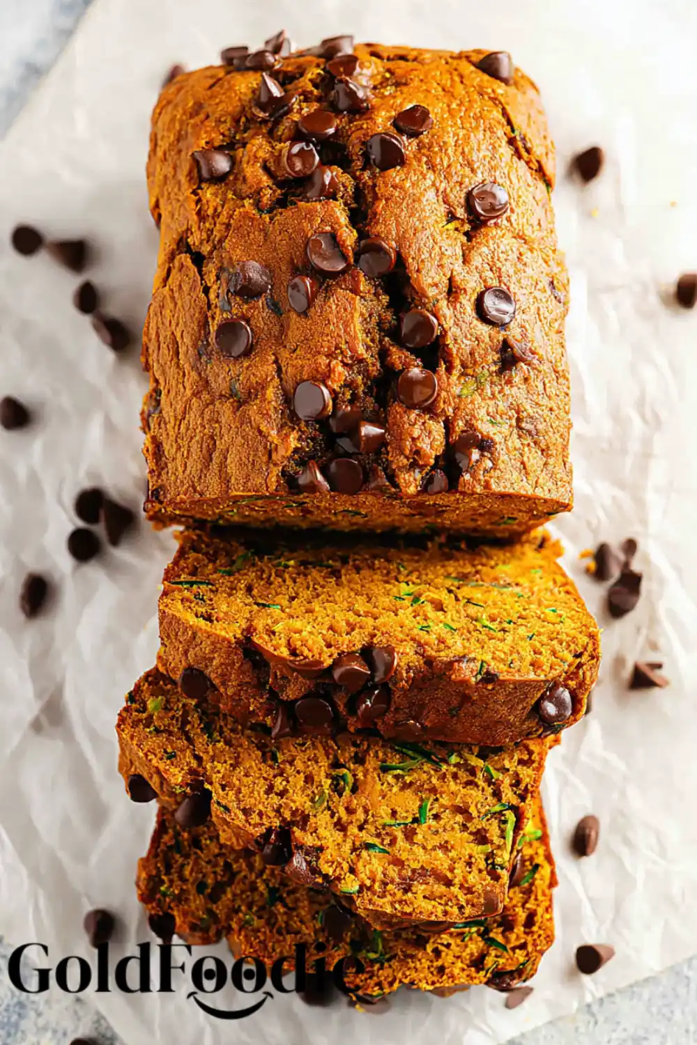Gluten-Free Vegan Pumpkin Zucchini Bread 5 Overhead view of pumpkin zucchini bread loaf with chocolate chips.