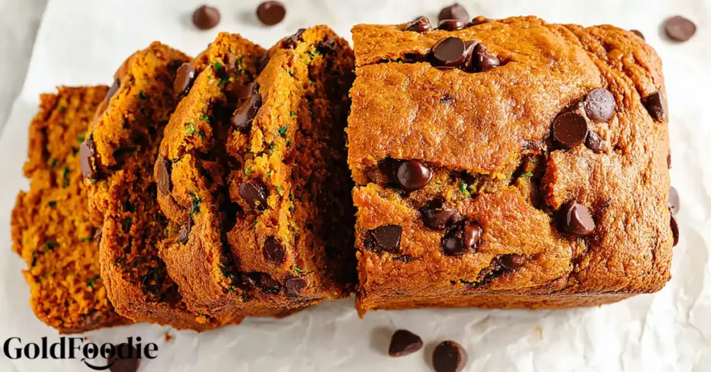 Sliced pumpkin zucchini bread with visible zucchini and chocolate chips.