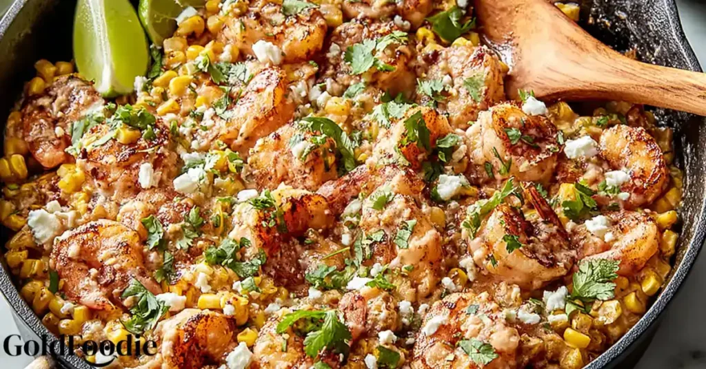 Close-up of Mexican Street Corn and Shrimp