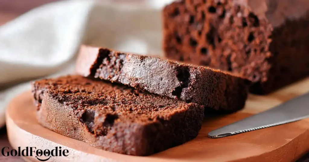 Close up of sliced chocolate banana bread on a wooden board.