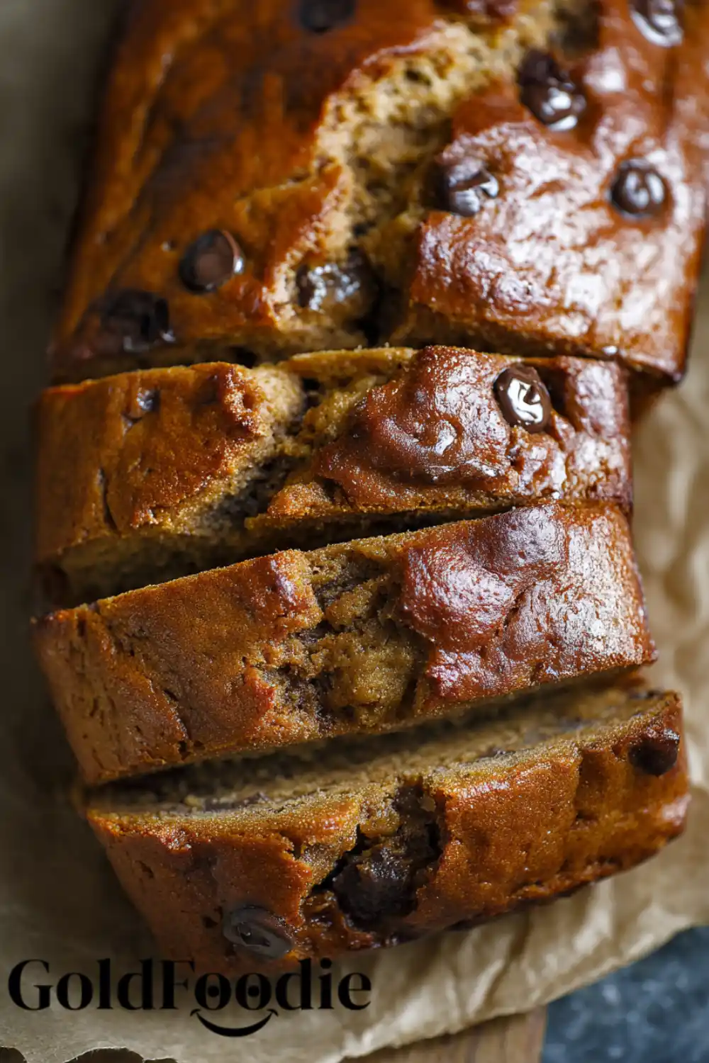 Sliced Pumpkin Yogurt Bread Sliced pumpkin yogurt bread with visible chocolate chips.