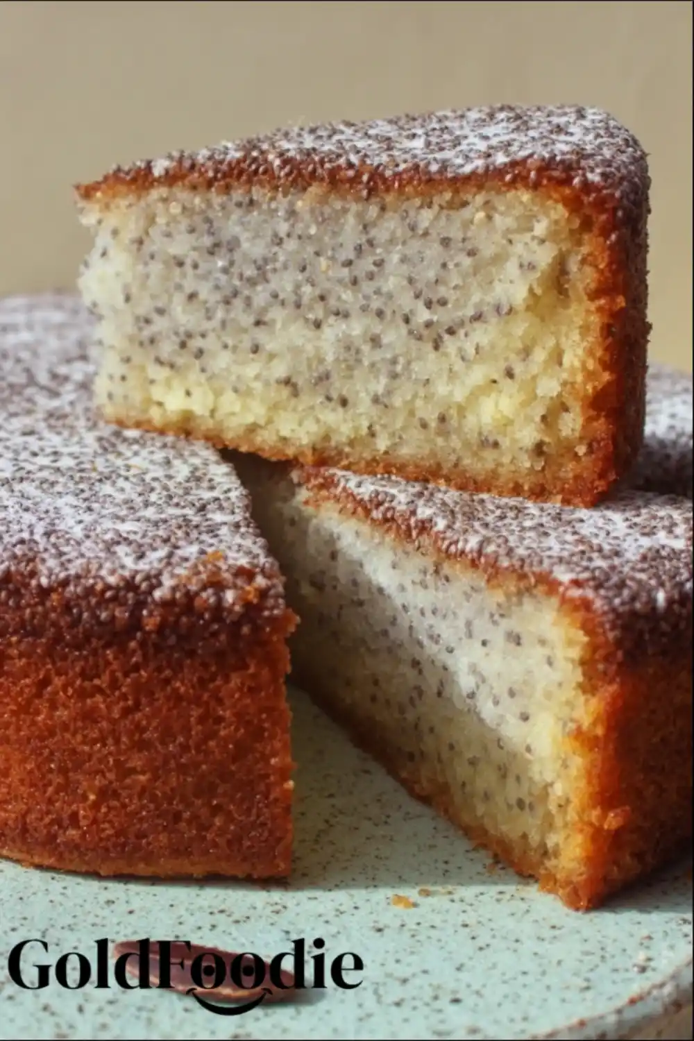 High Protein Chia Seed Cake 5 Two stacked slices of chia seed cake