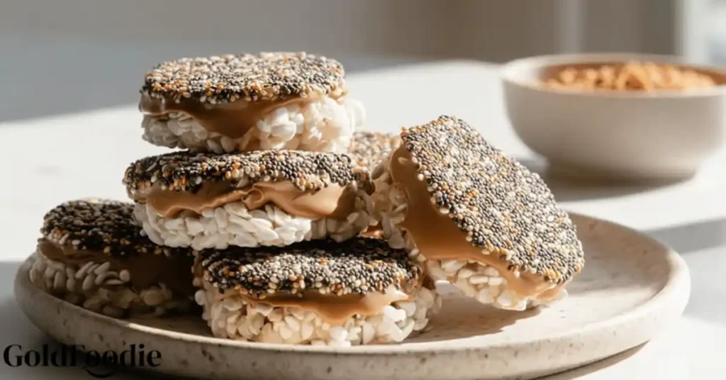 peanut butter chia seed rice cakes stack