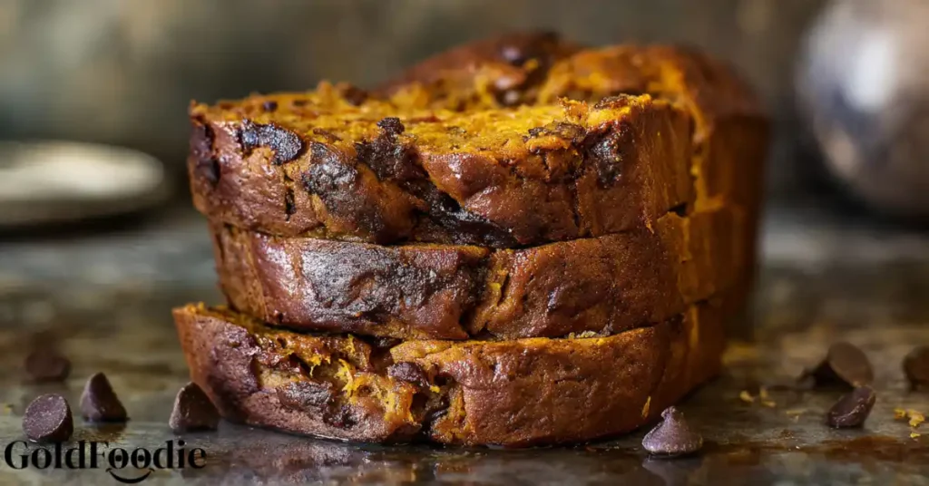 Three stacked slices of pumpkin yogurt bread with chocolate chips.