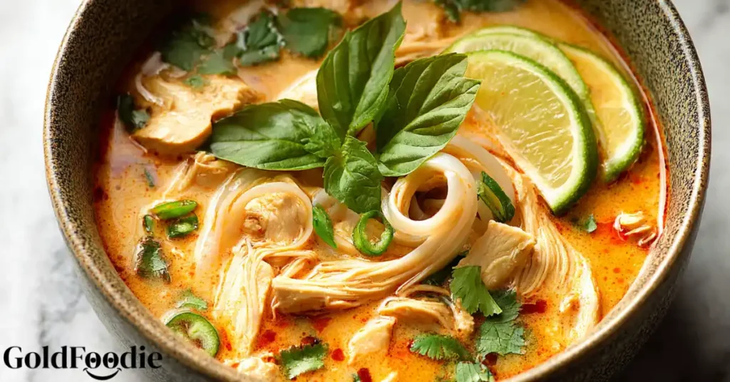Creamy Thai chicken soup with noodles and lime