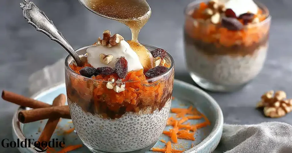 Chia pudding in a glass topped with shredded carrot, yogurt, raisins, chopped walnuts, and maple syrup.