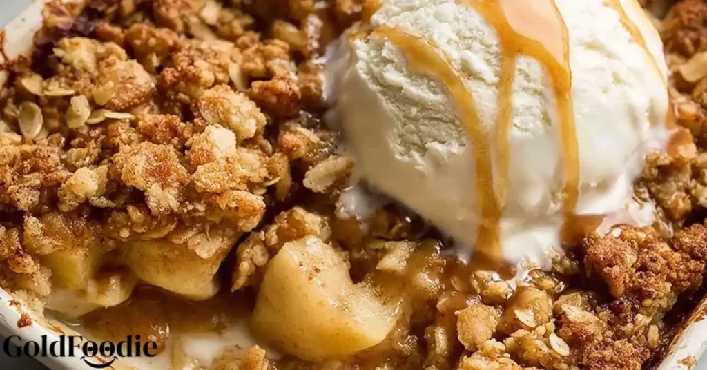 Apple crumble with oats and vanilla ice cream