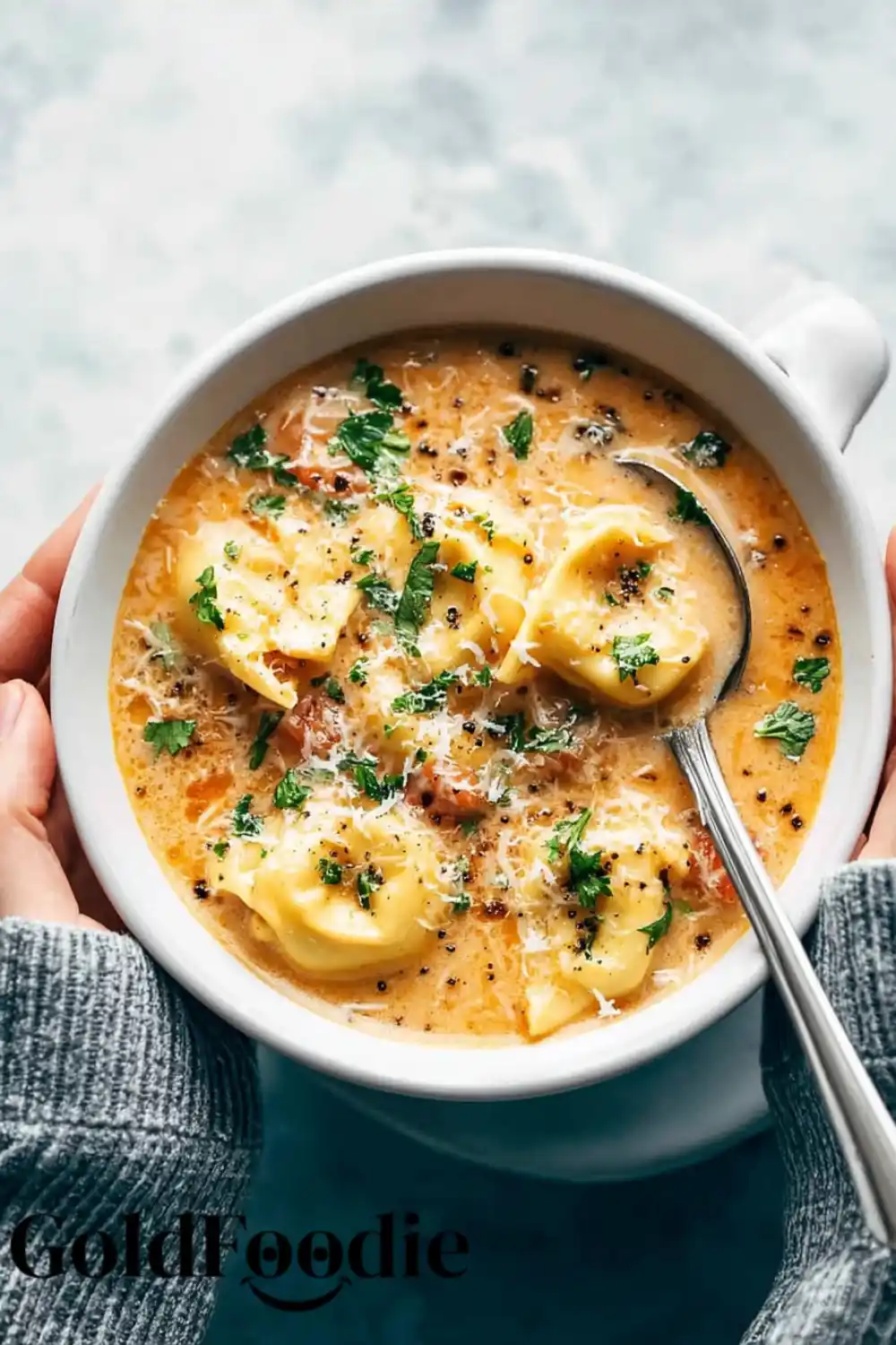 Creamy Tortellini Soup 5 Hands holding a bowl of creamy tortellini soup topped with parsley