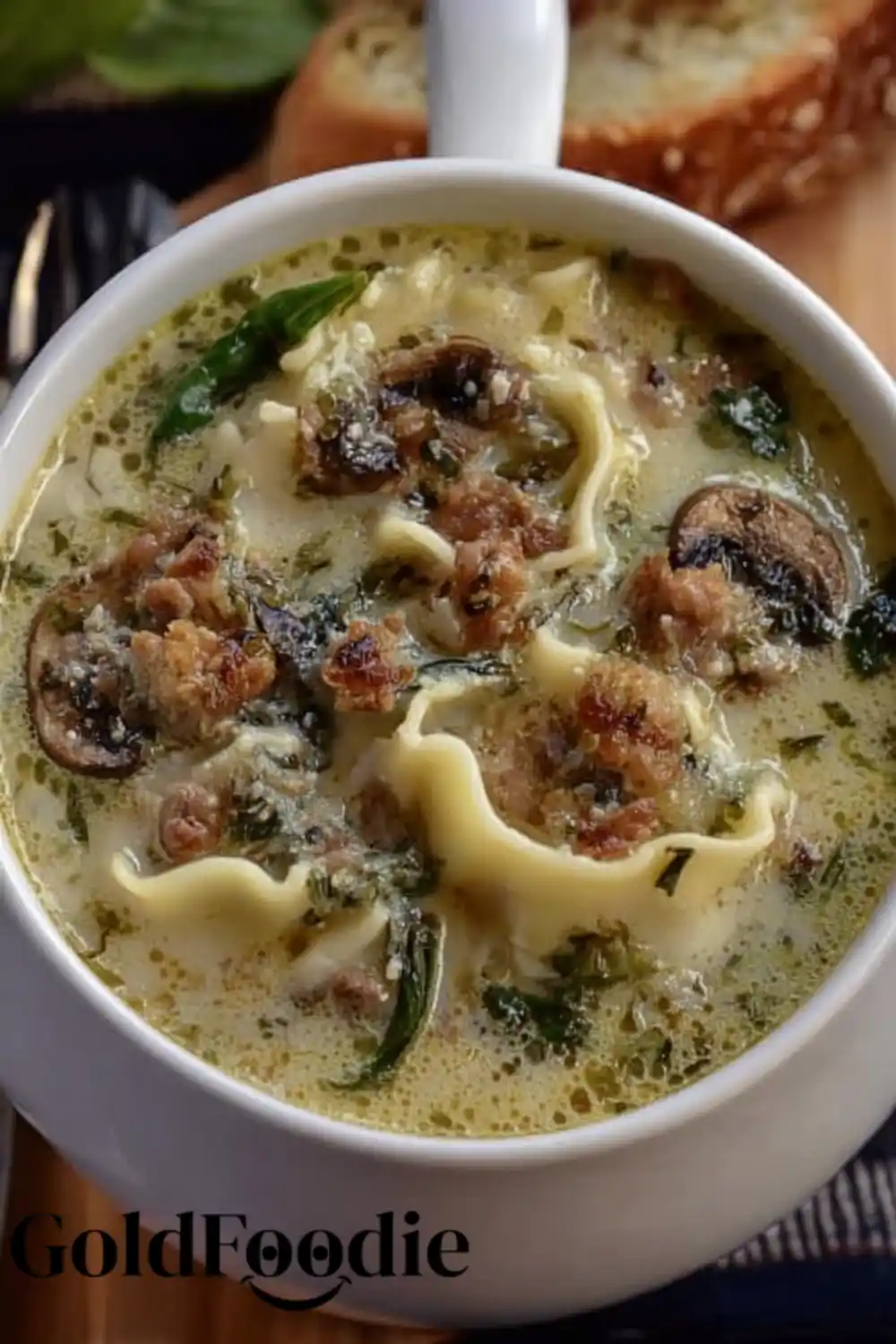 White Lasagna Soup with Sausage Close-up of Alfredo lasagna soup