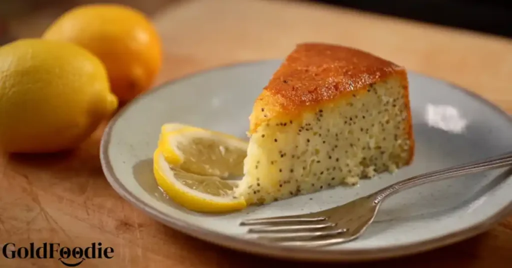 Slice of lemon chia seed cake on a plate