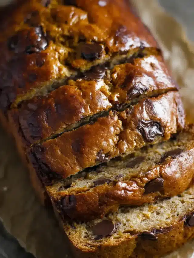 Sliced pumpkin yogurt bread loaf with glossy finish and chocolate chips.