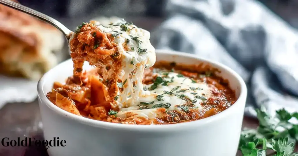 Fork lifting cheesy lasagna soup recipe