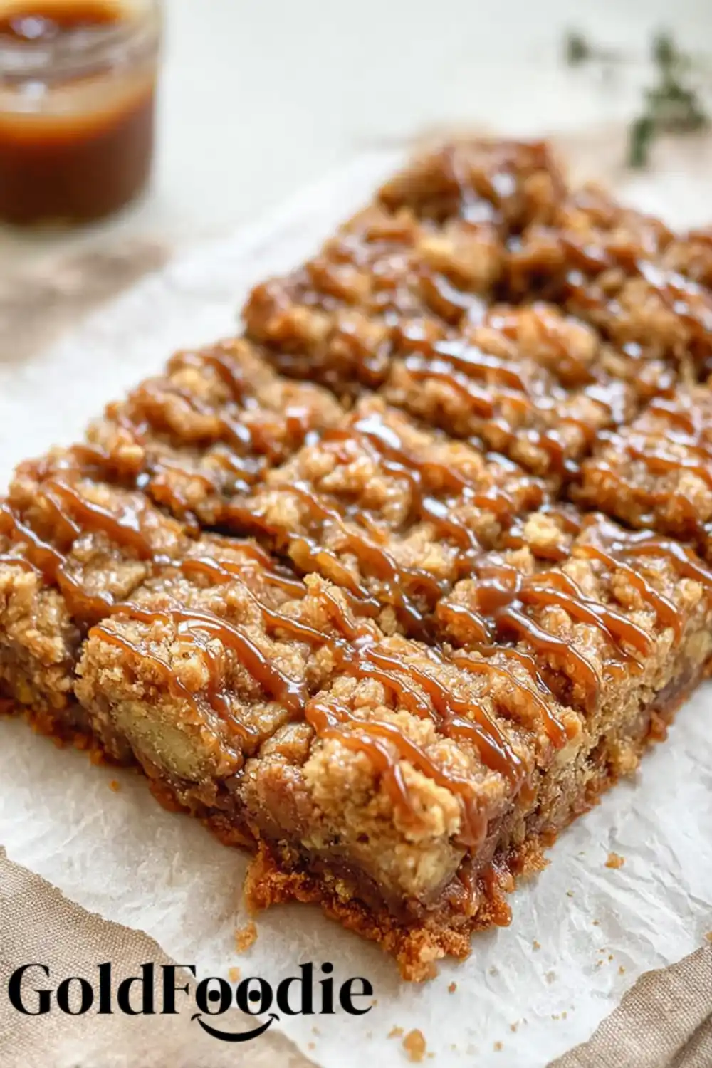 Salted Caramel Apple Bars (Side View) salted caramel apple bars cut into rows